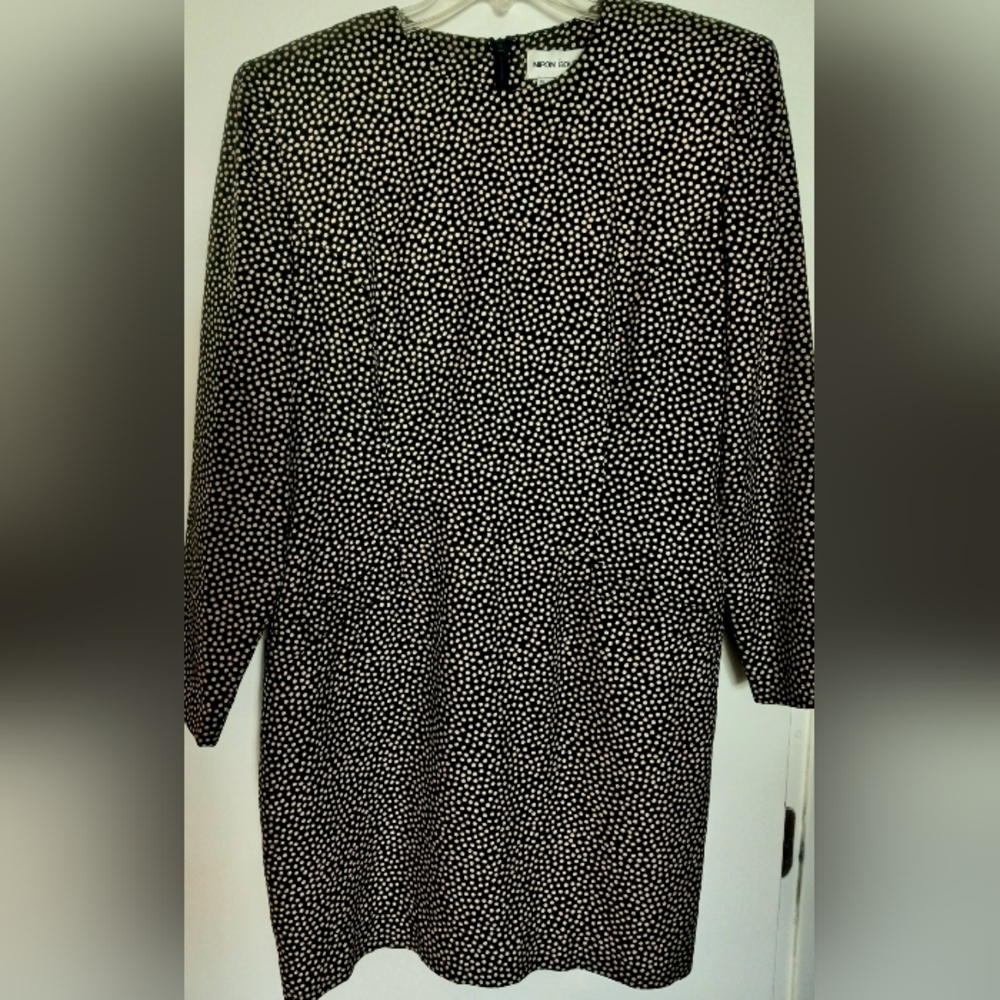 NIPON BOUTIQUE 1980's Black & Cream SILK Armani Style Polka Dot Dress Size 14